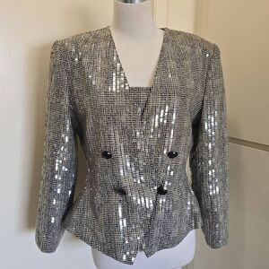 Nolan Miller Vtg Sequin Jkt and Matching Shell, Blk/Ivory Plaid, EUC, 12